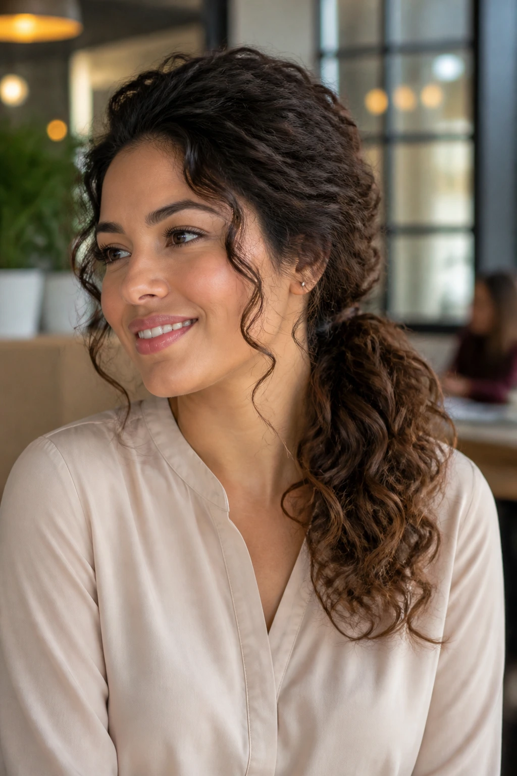 Close-up of a real woman with low side ponytail and lifted crown in a chic setting