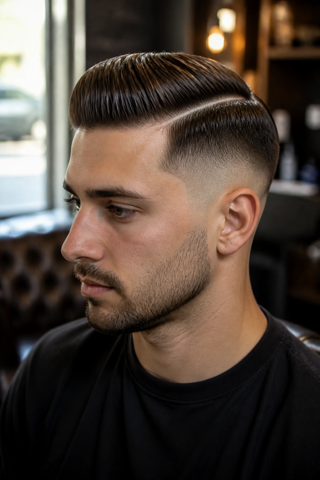 Close-up portrait of a man with a low skin fade comb over in a barber shop.