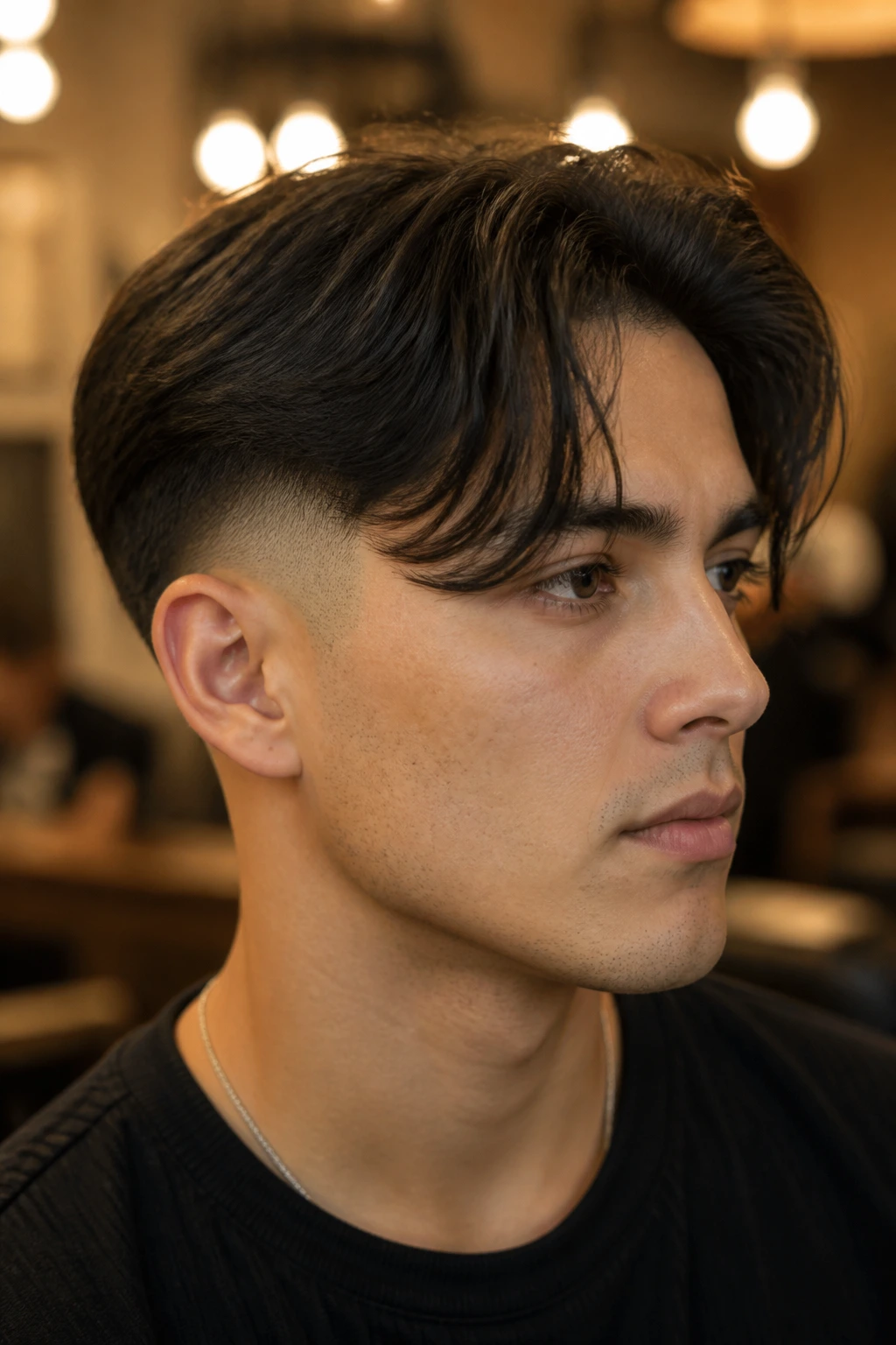 Portrait of a person with a low skin fade and soft curtain bangs