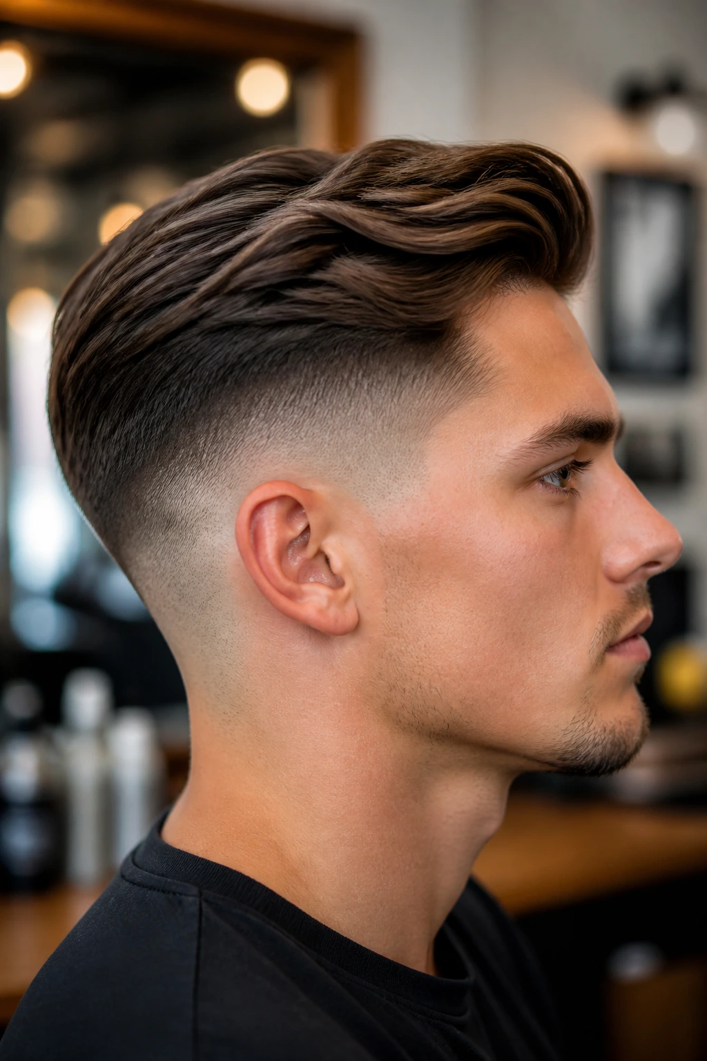 Side-profile of man with low skin fade and side-swept top