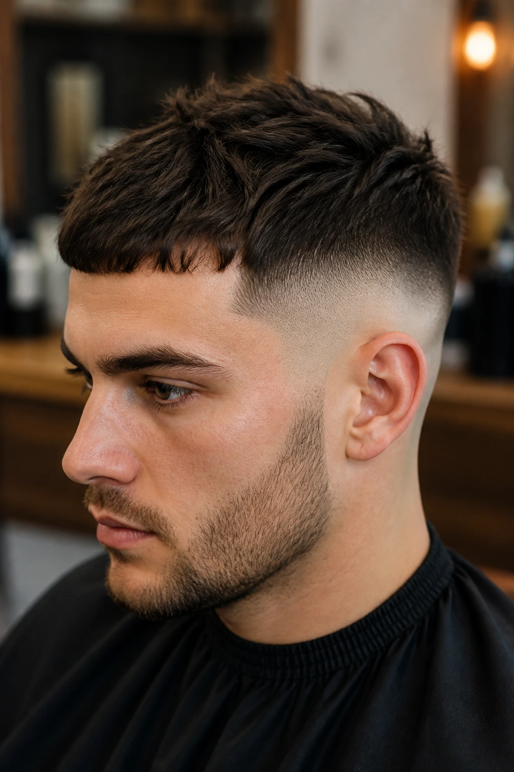 Close-up of man with low skin fade and textured crop