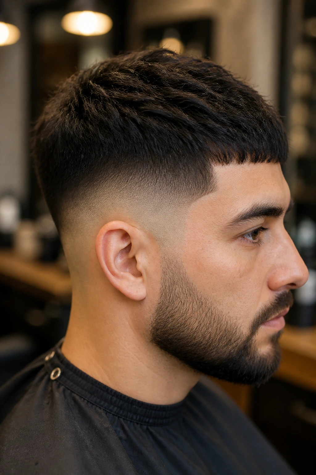 Close-up of man with low skin fade and textured crop, showing clean sideburns and matte top