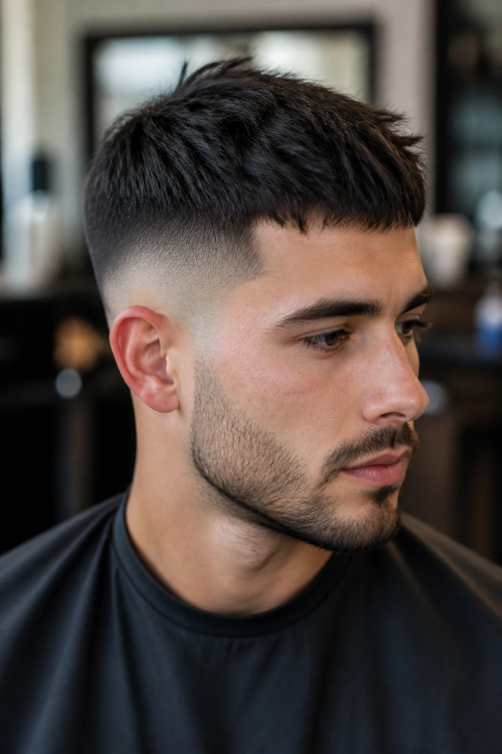 Close-up of man with low skin fade and textured crop