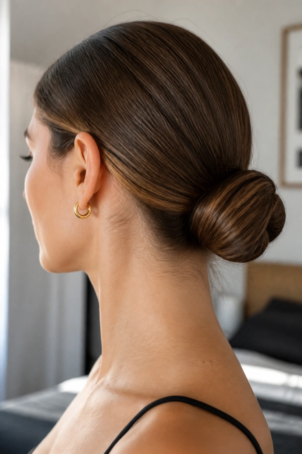 Real person with a sleek low bun at the nape