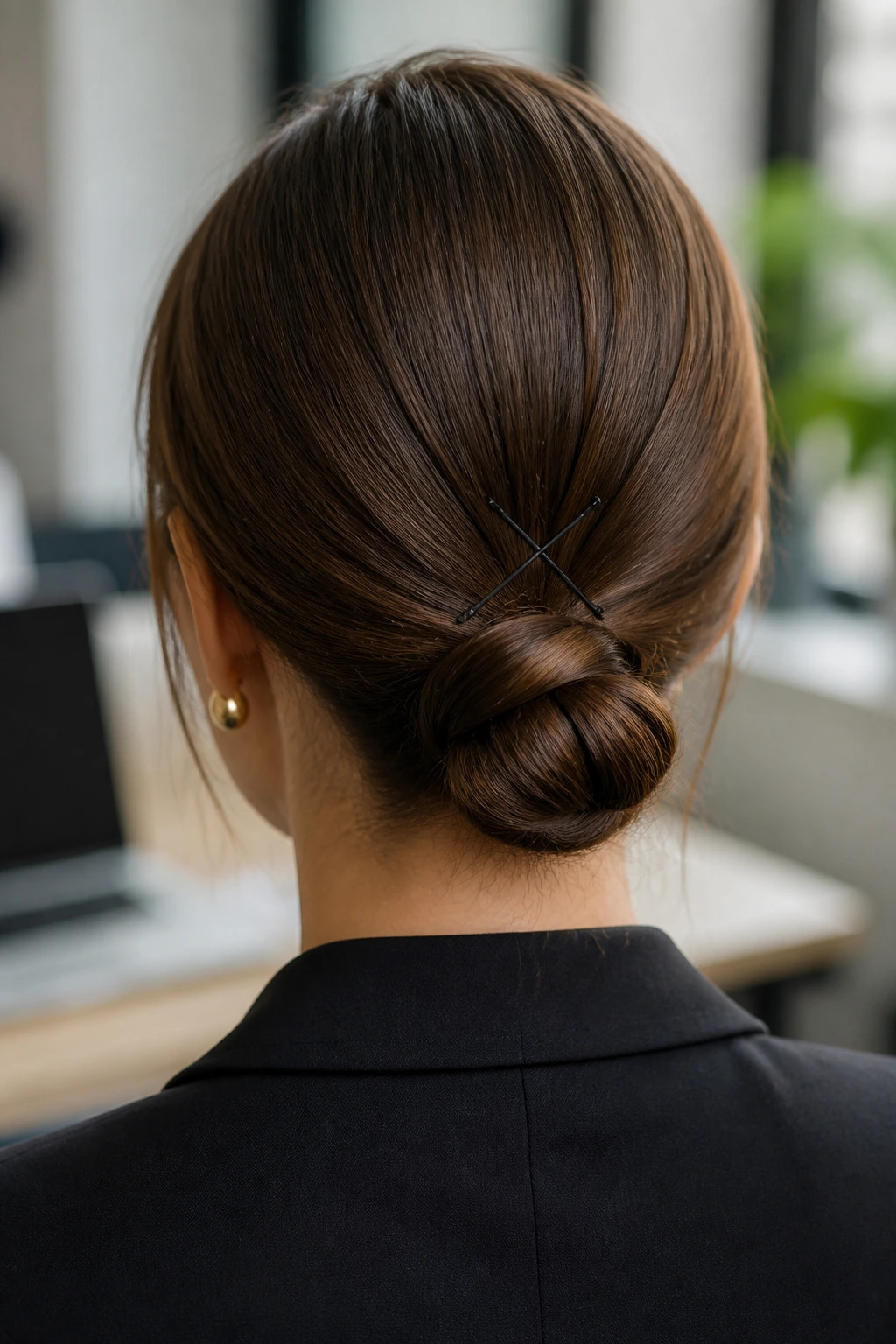 Back view of a woman wearing a low sleek knot at the nape.