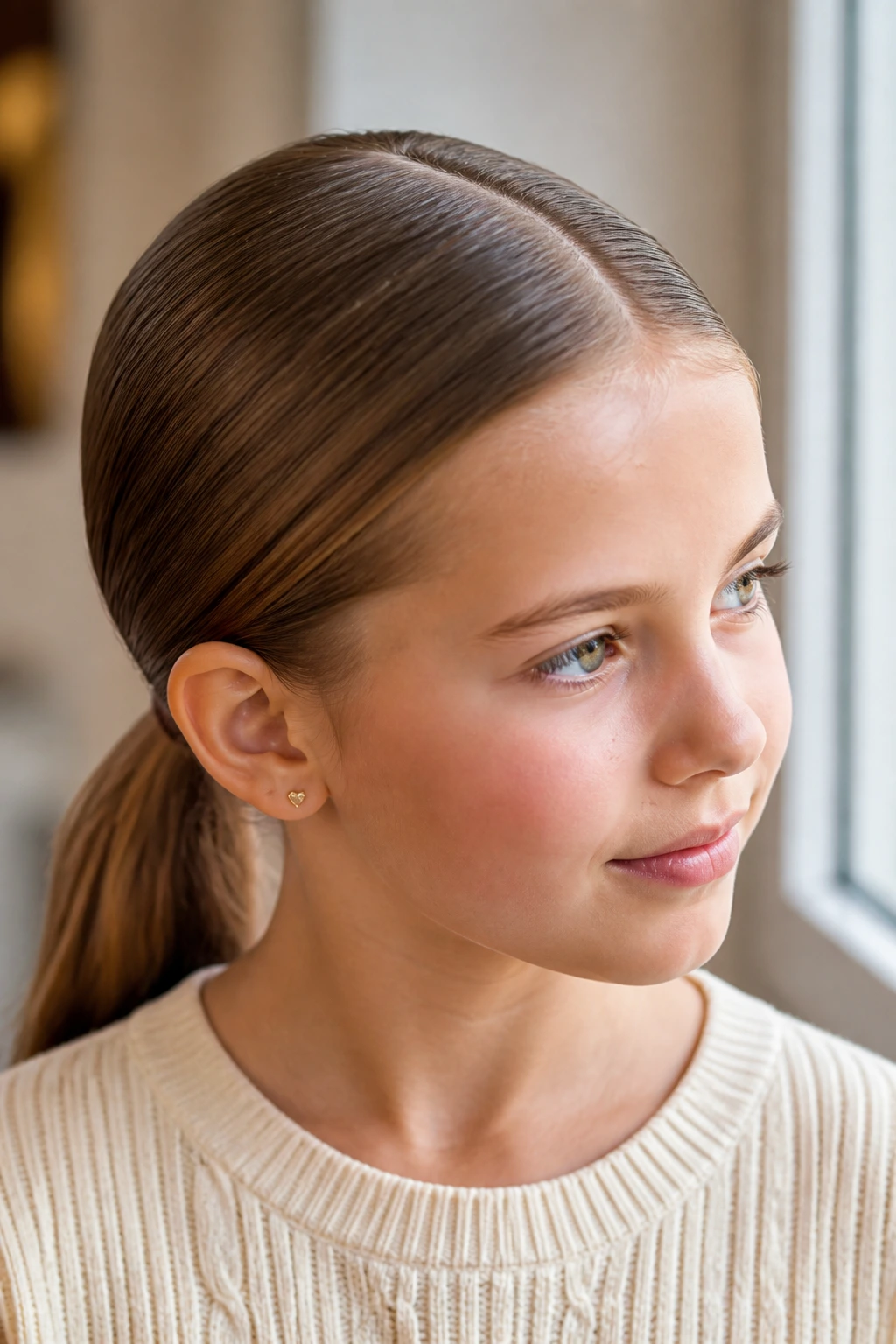 Close-up of a real girl with a low sleek ponytail and center part