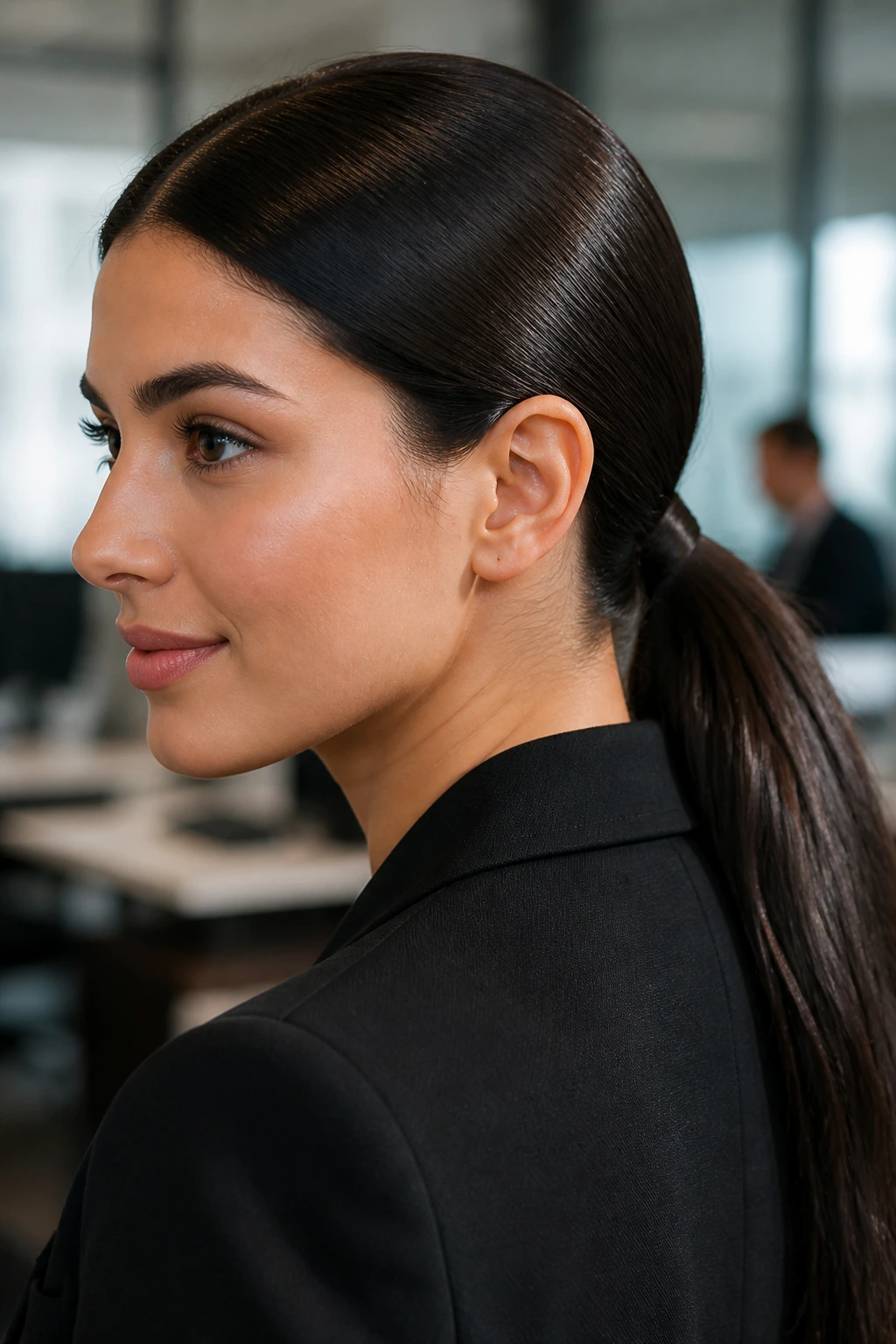 Close-up portrait of a real woman with a low sleek ponytail at the nape in an office setting