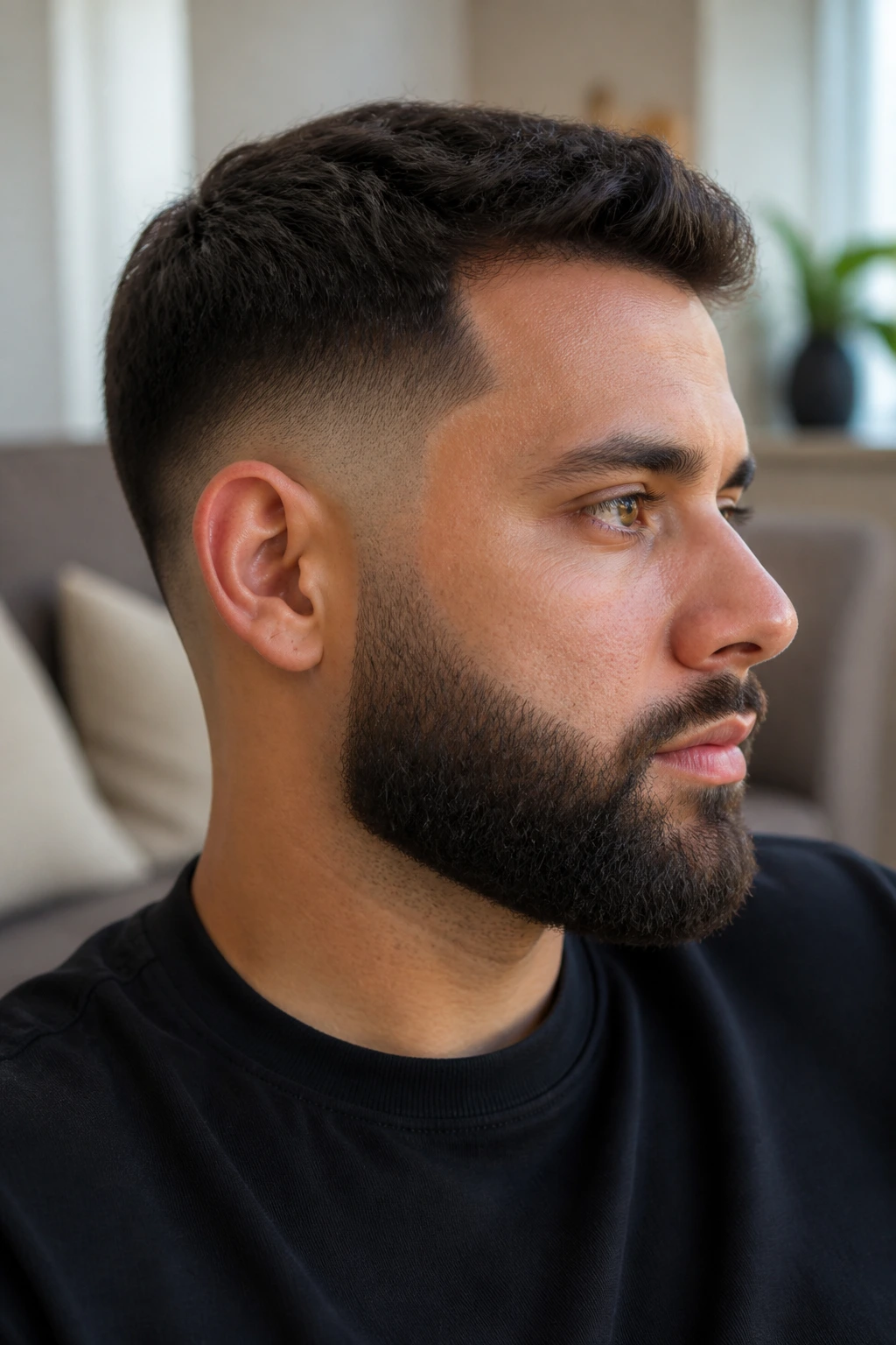 Close-up of a man with a low taper blending into a beard