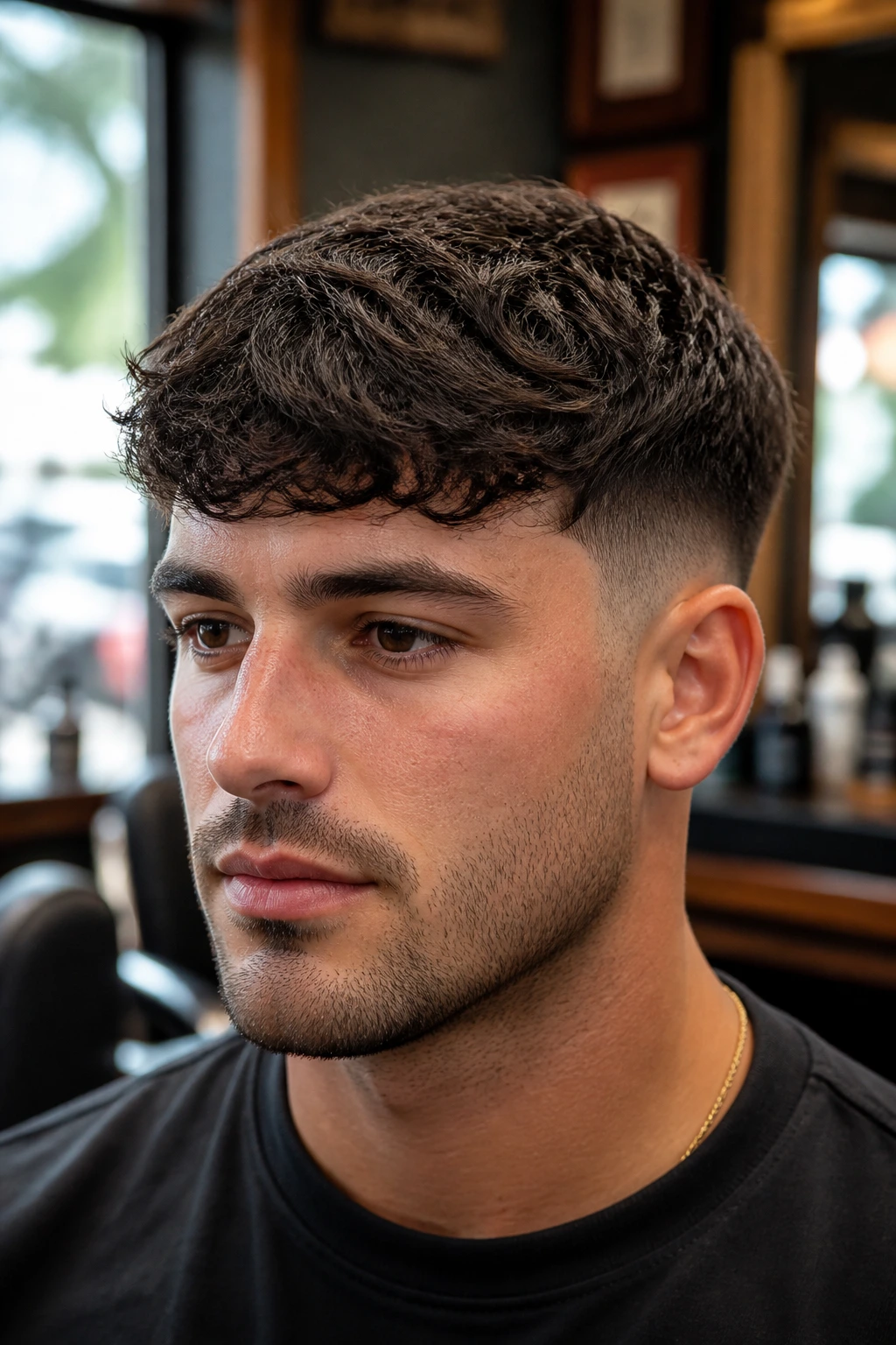 Close-up portrait of a real man with a low taper and forward-brushed waves.