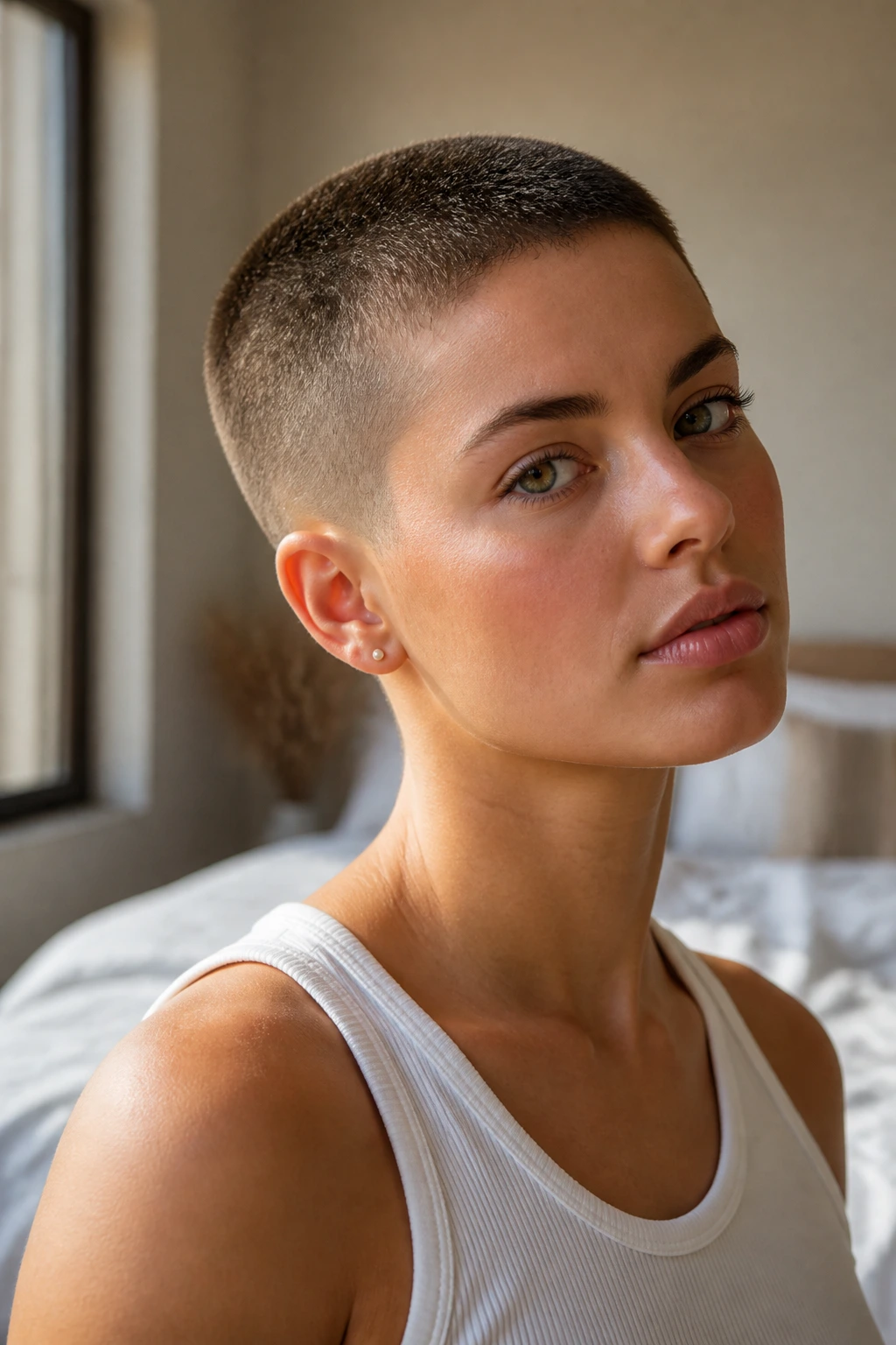 Close-up portrait of a real woman with a low taper buzz in a sunlit bedroom