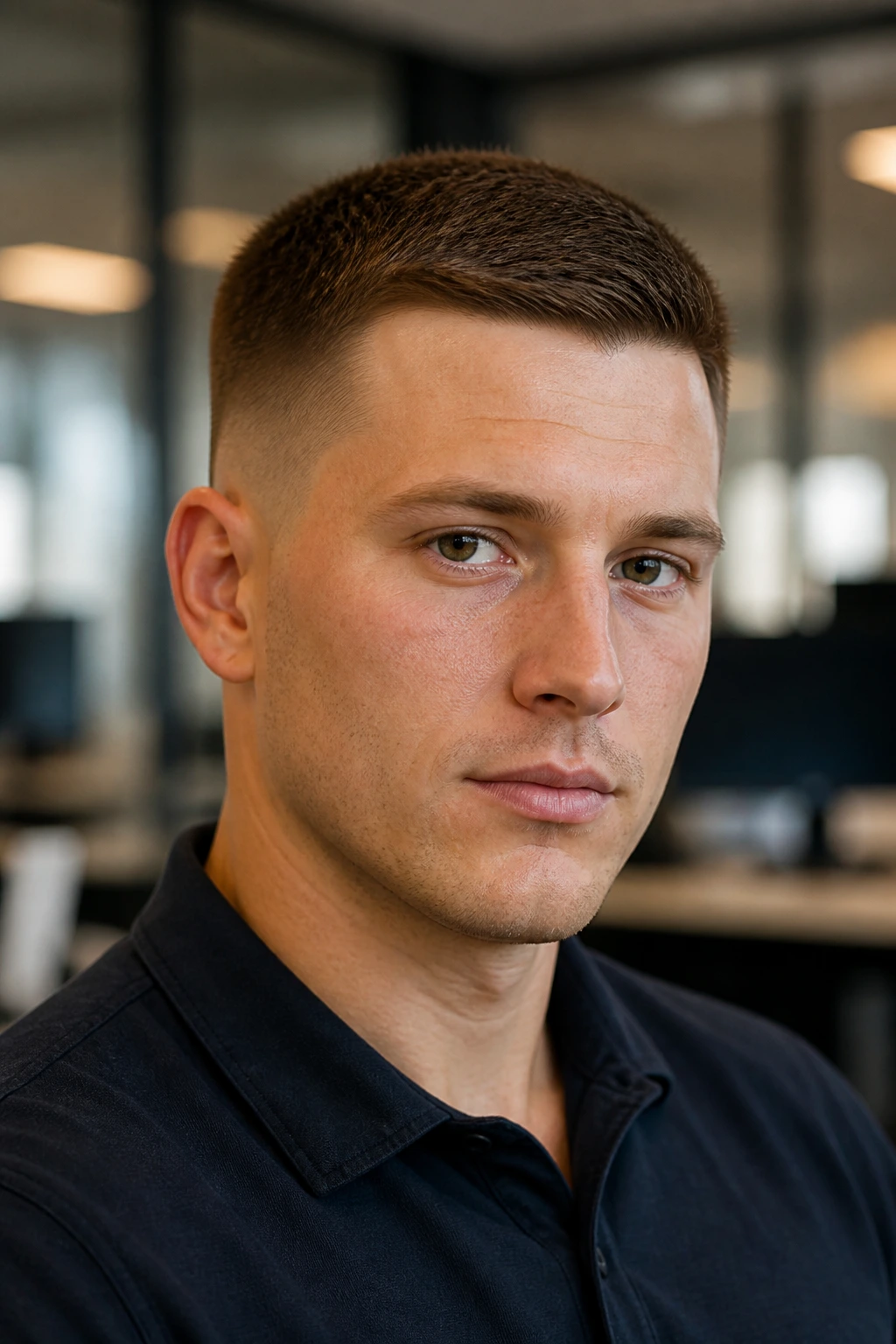 Man with low taper crew cut portrait