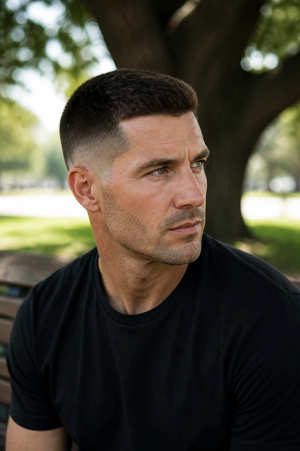 Man with a low taper crew cut on a park bench.
