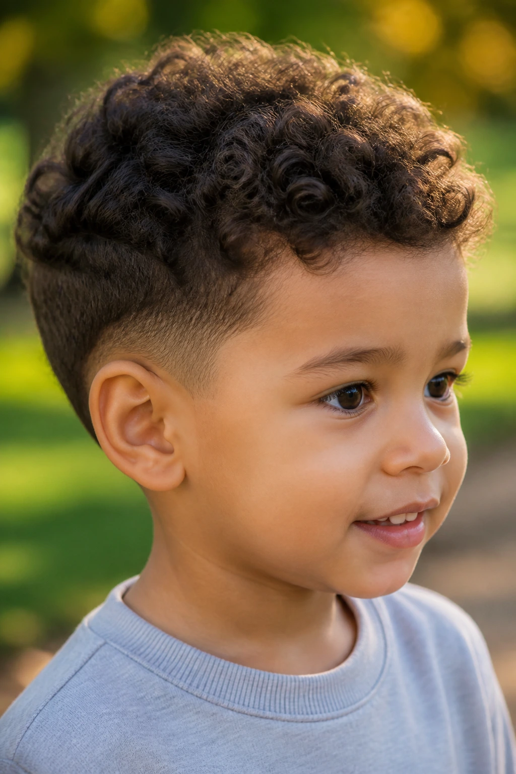 Close-up of a toddler with low taper curls in an outdoor setting