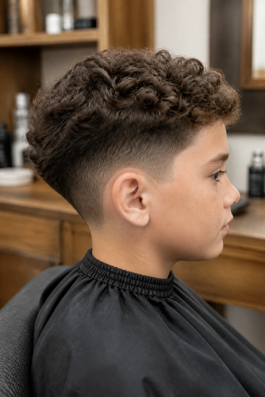 Boy with low taper curly crop, side profile showing tapered sides and curly top