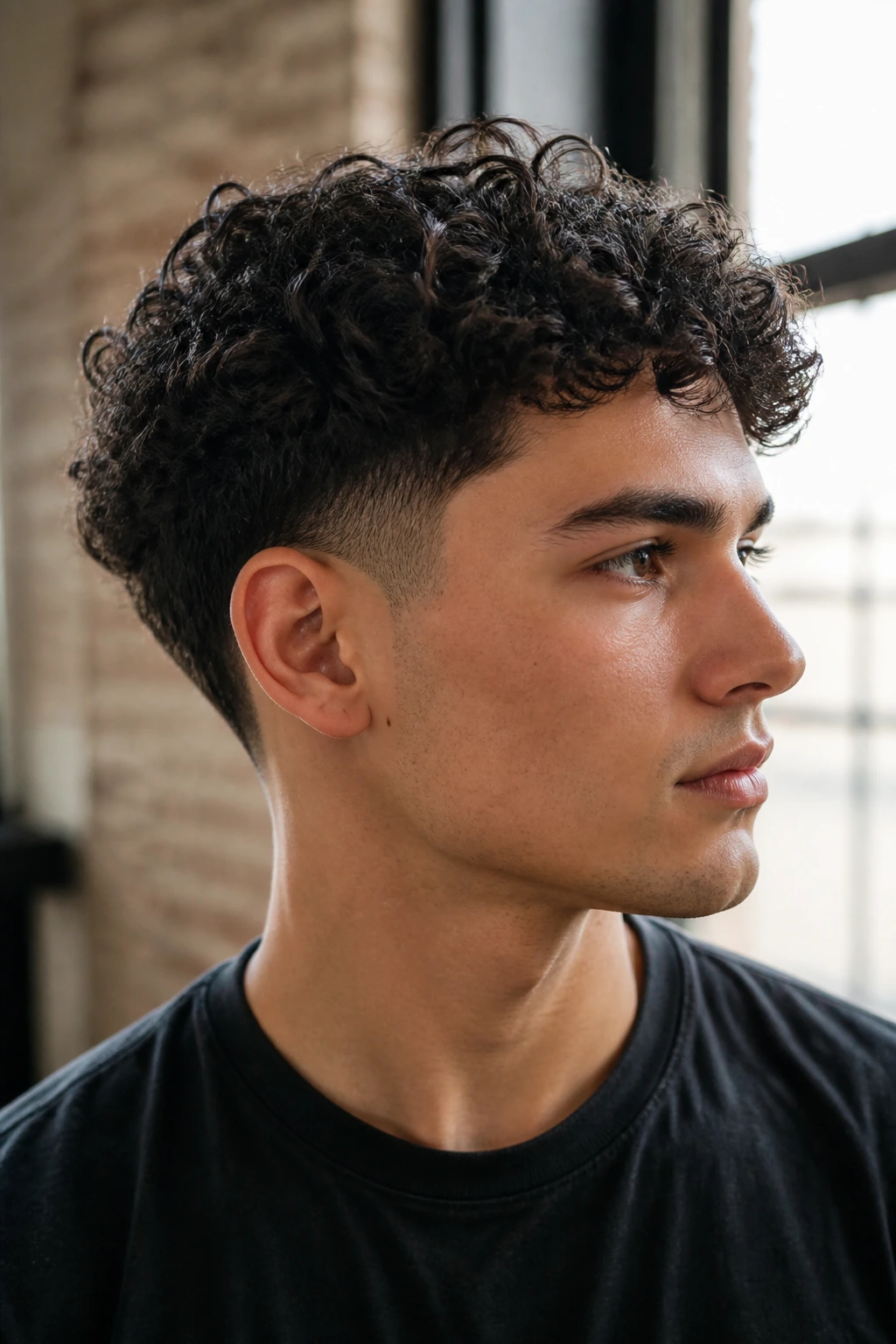Portrait of a man with low taper curly fade