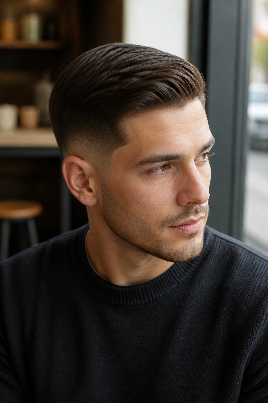 Head-and-shoulders portrait with low taper fade and comb over
