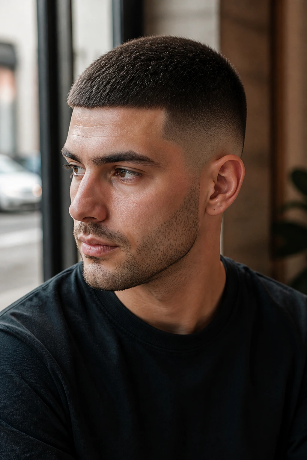 Close-up of a man with low taper fade and crew cut hairstyle