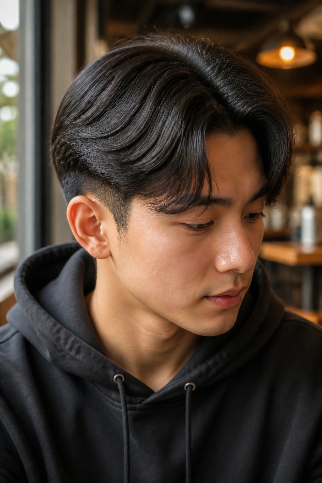 Close-up portrait of a real person with a low taper fade and combed-through curtains