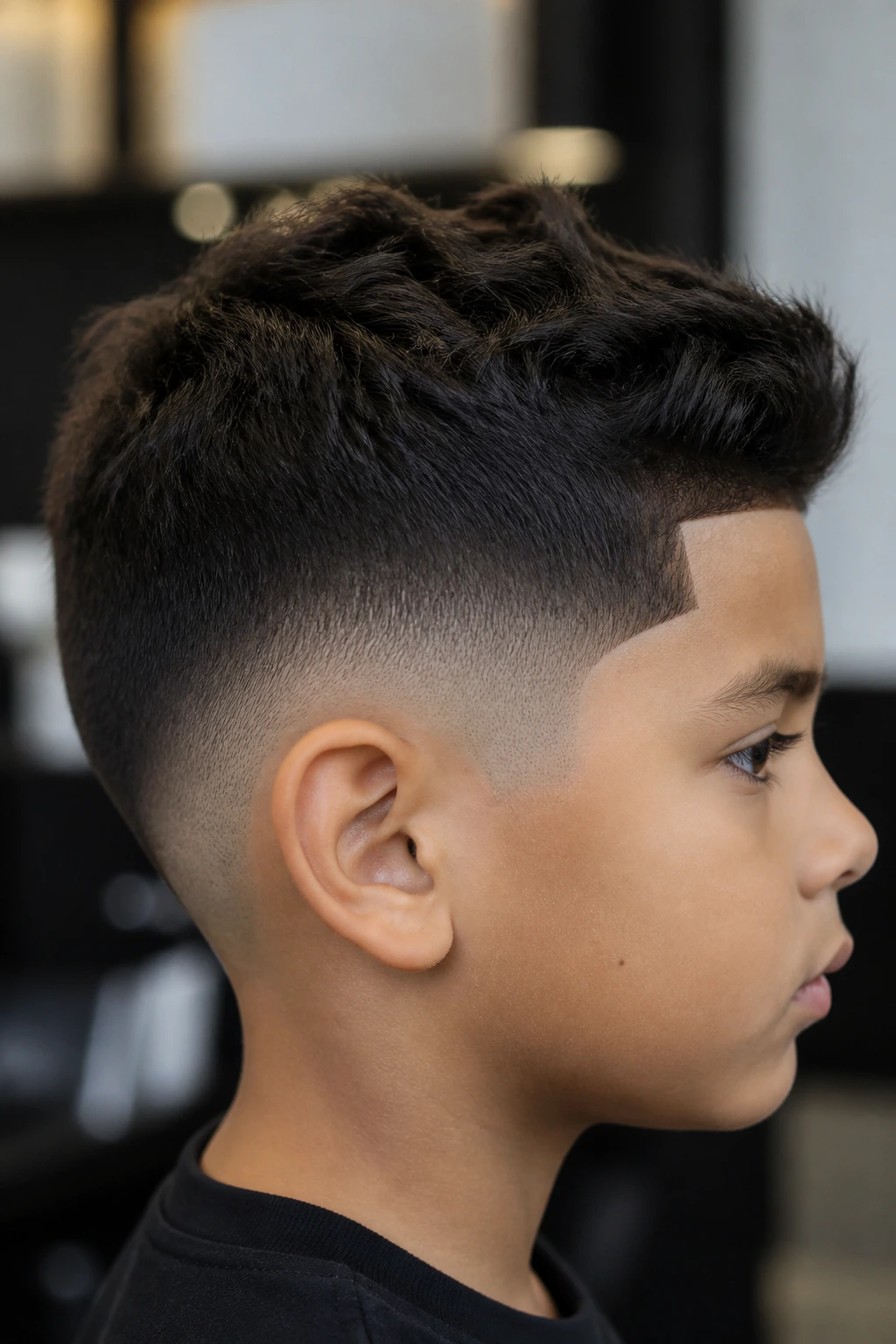 Close-up of a child with a low taper fade and sharp edge