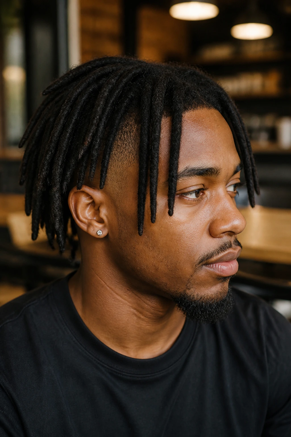 Man with low taper fade and hanging locs in a cafe setting.