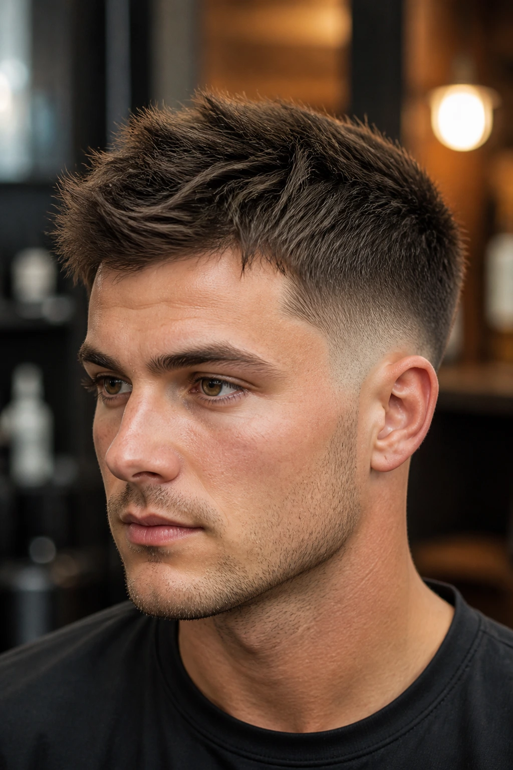 Close-up of a man with a low taper fade and textured top