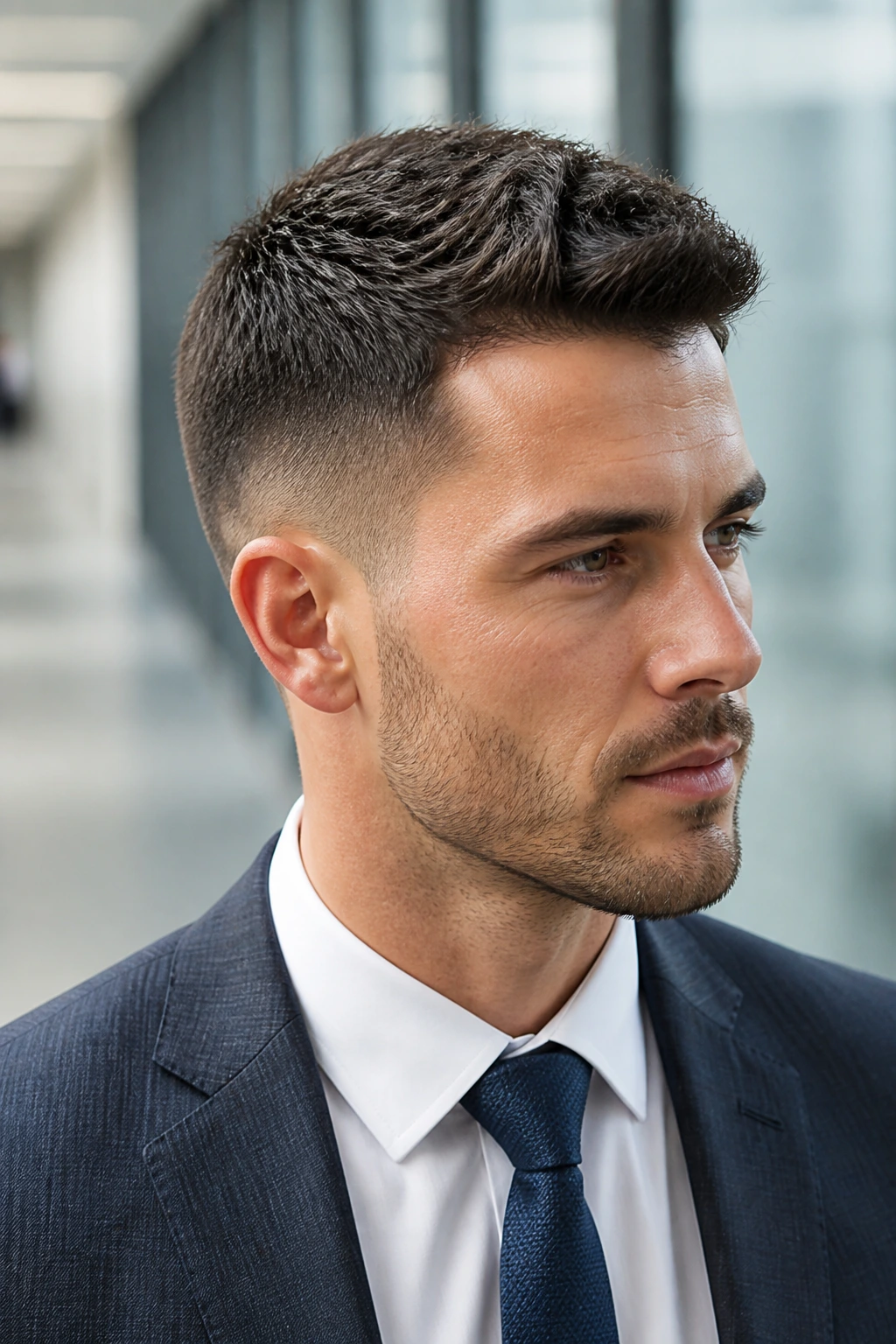 Man with a low taper fade and short top in an office setting