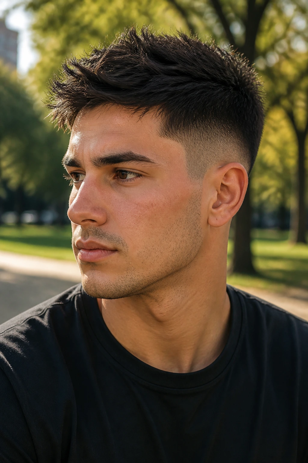 Close-up portrait of a man with a low taper fade and spiky top