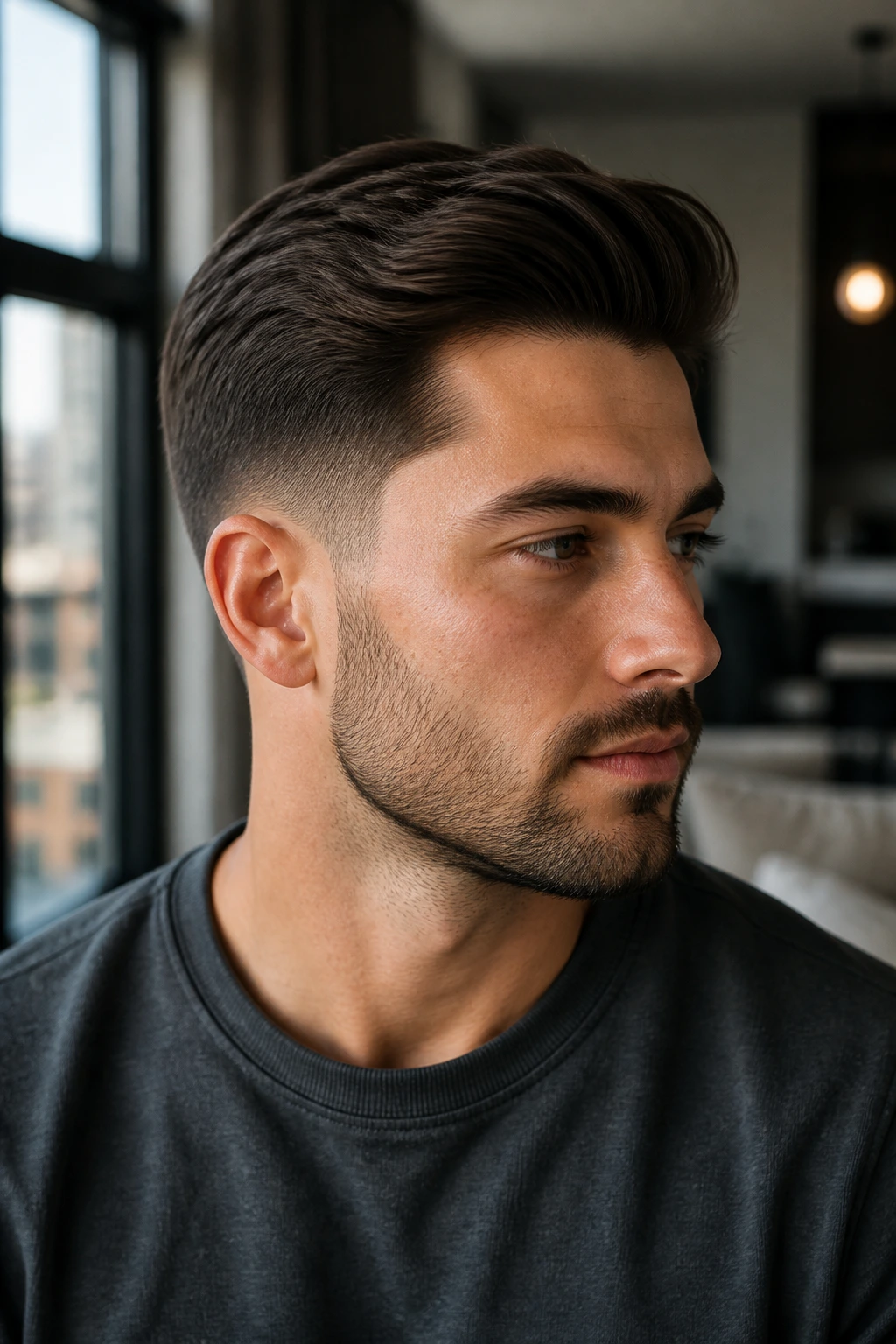 Close-up of a man with a low taper fade and swept top hairstyle