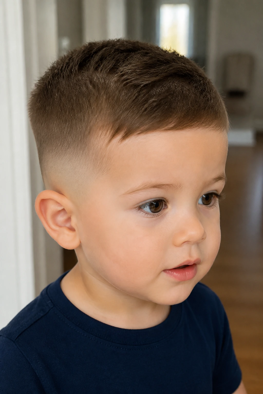 Close-up of a toddler with a low taper fade and short top