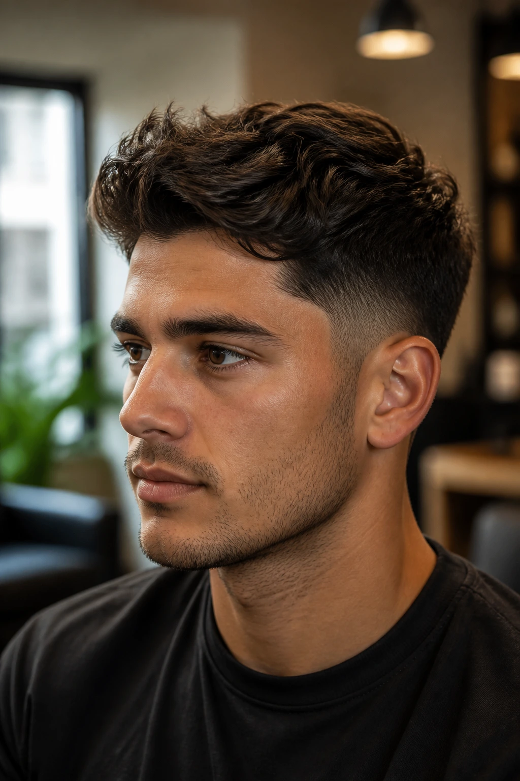 Close-up of a man with a low taper fade and natural top
