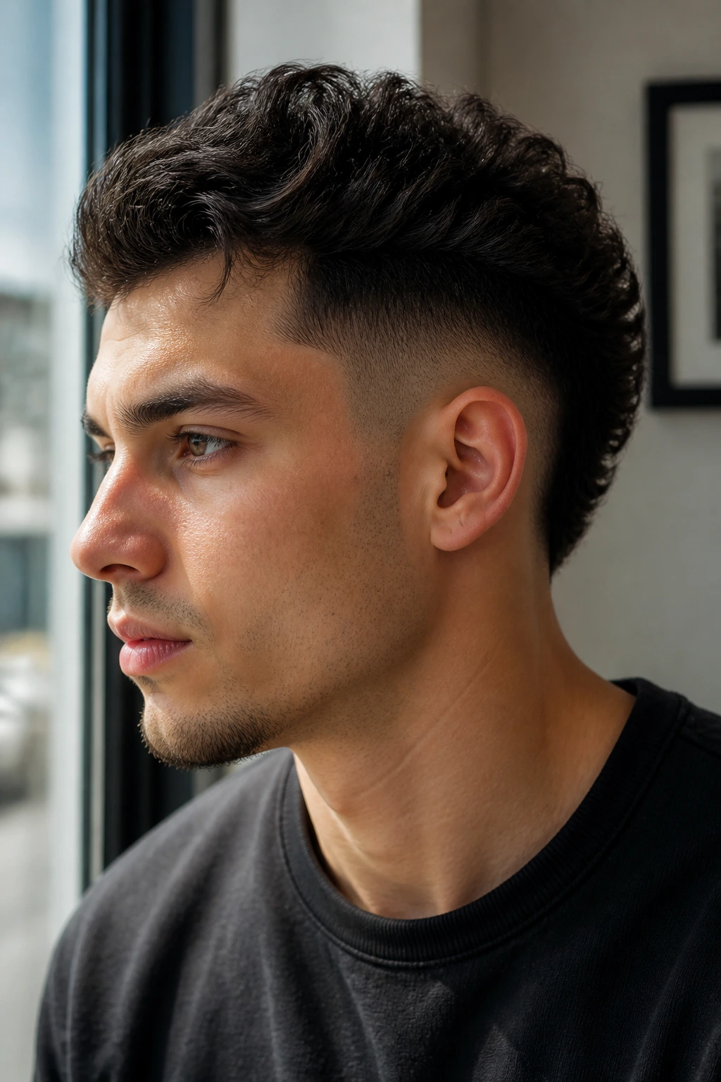 Portrait of a man with a low taper mohawk and tall top.