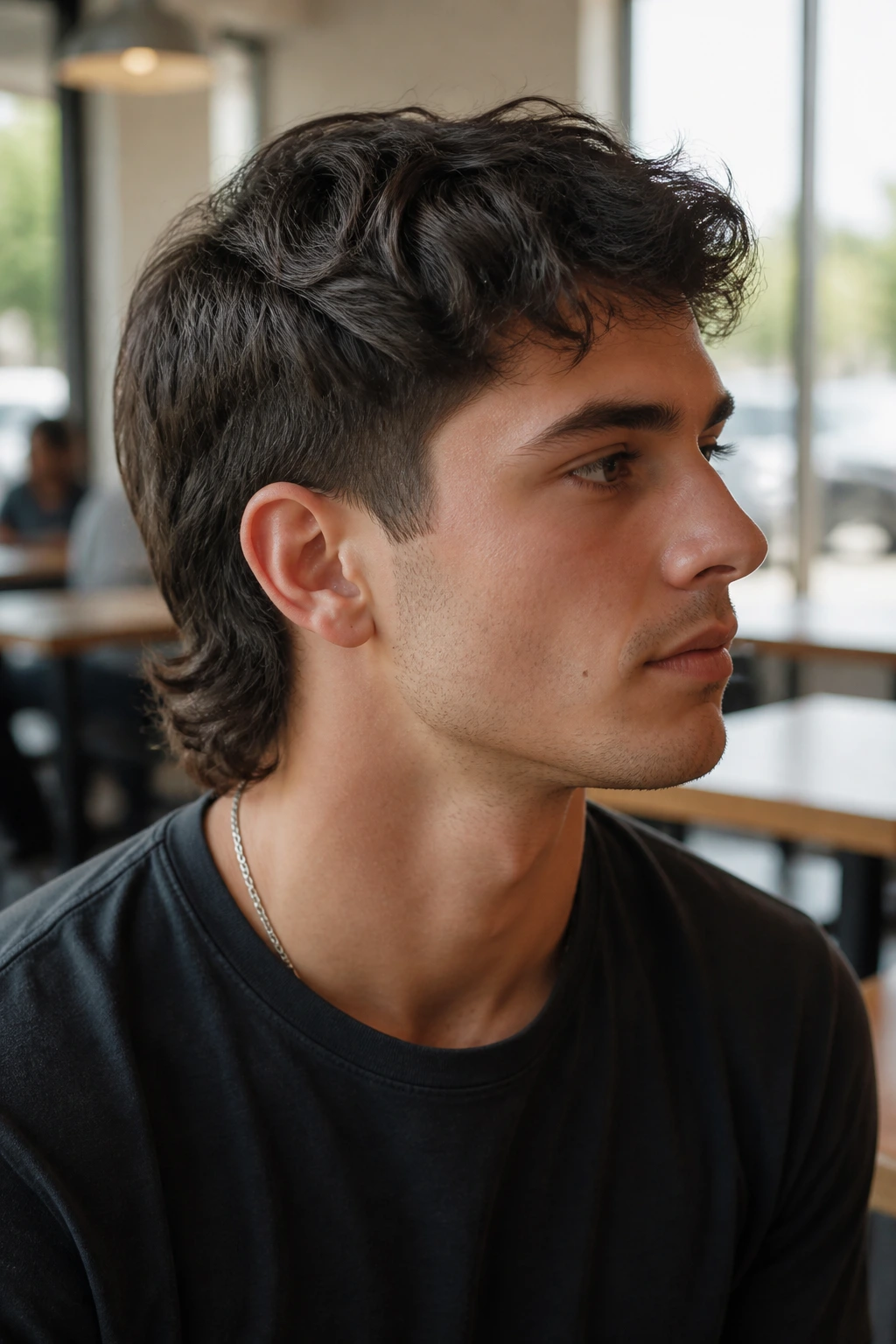 Real person with clean low-taper mullet in a cafe setting