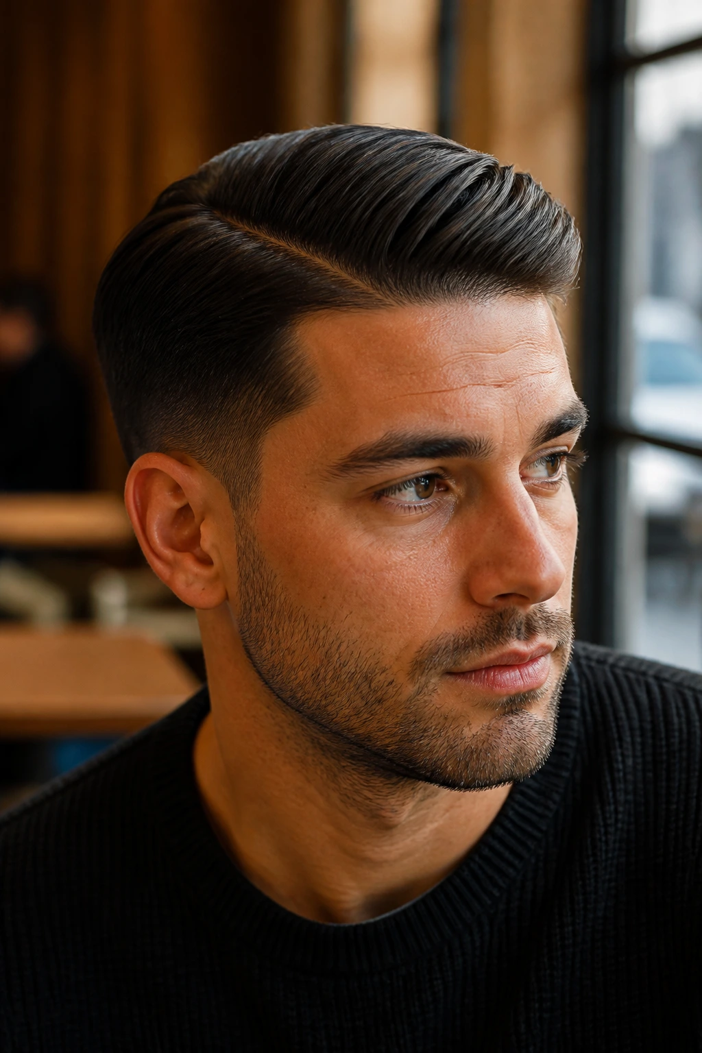 Man with low taper side part, soft part line