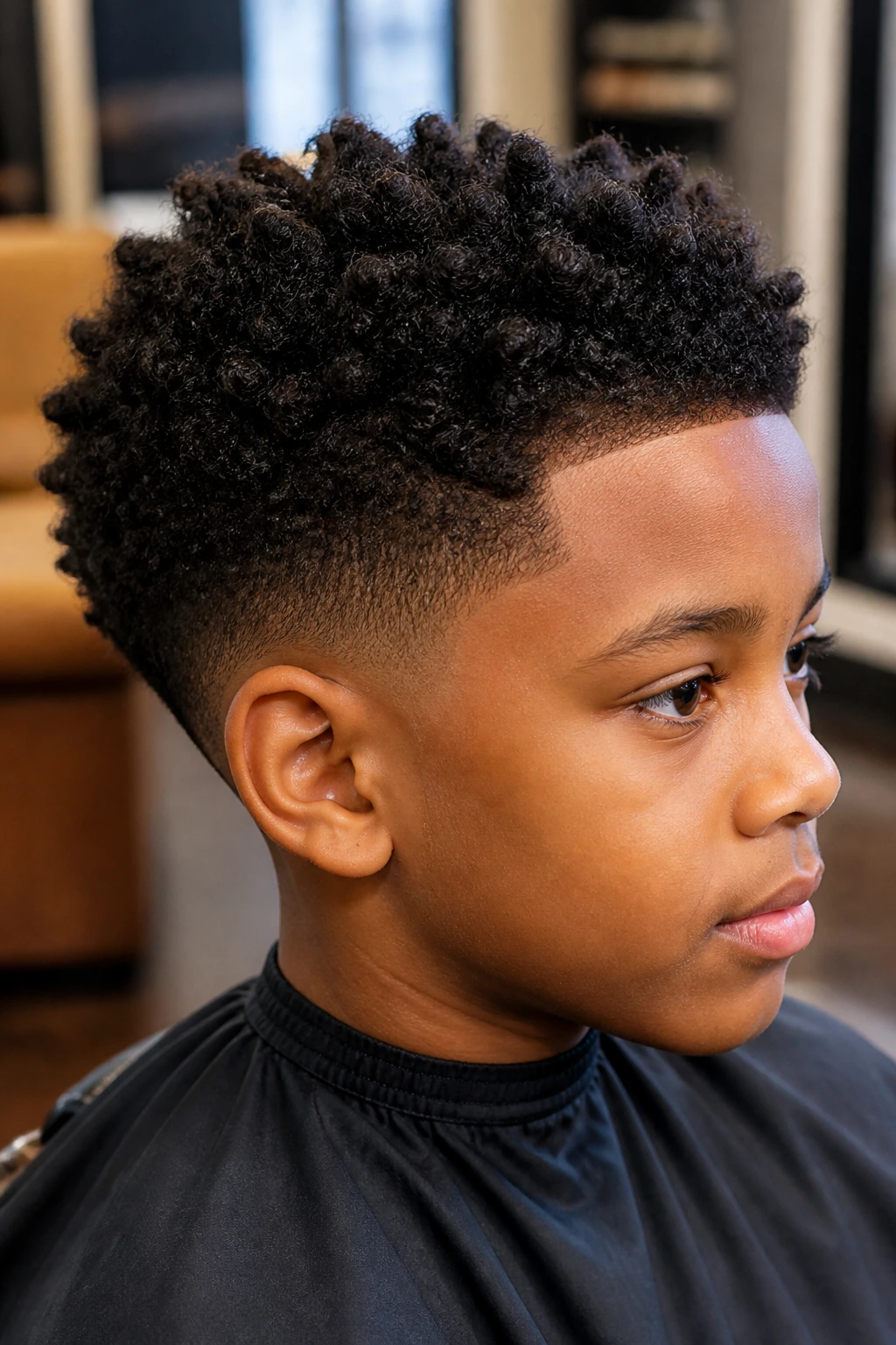 Close-up of a Black boy with a low taper and sponge curls