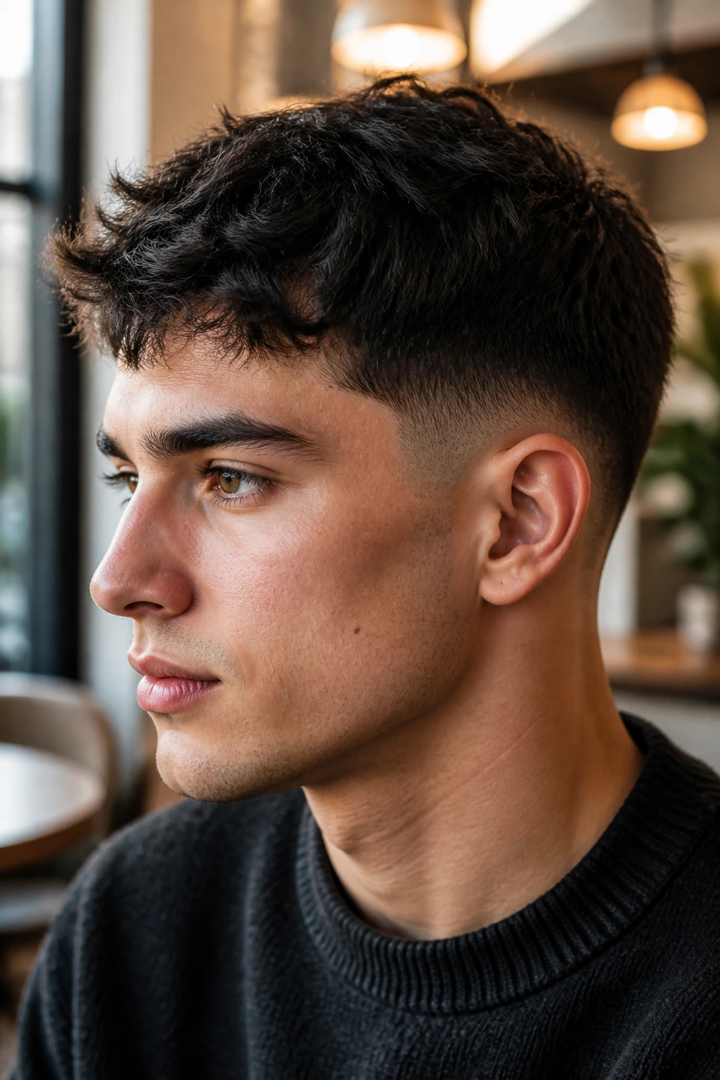 Close-up of a man with a low taper and textured crop.