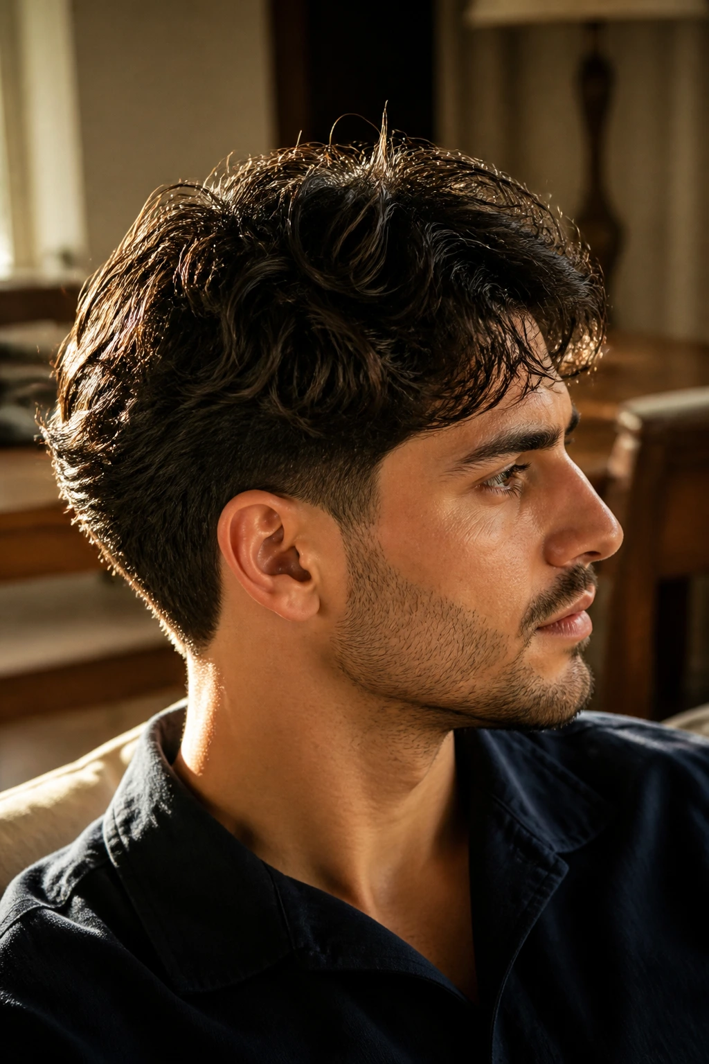 Close-up of a real man with a low taper and natural waves in a warm living room