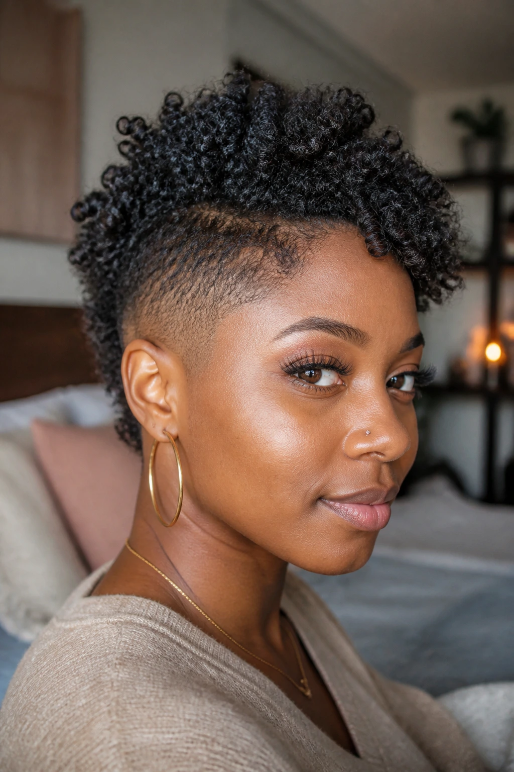 Close-up portrait of a real Black woman with a low-tension hawk mohawk in a cozy room