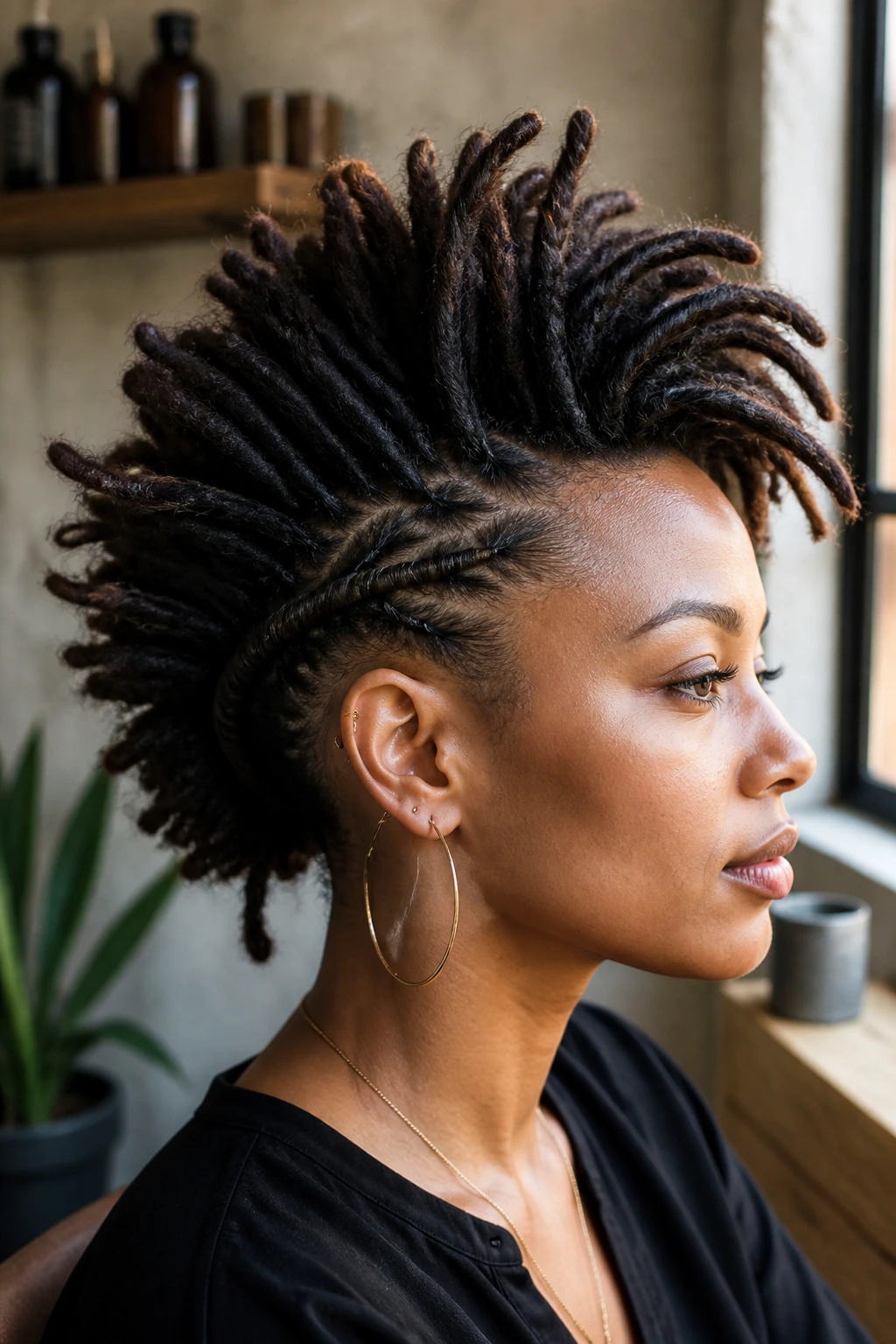 Close-up portrait of a real person with a Low-Tension Wrapped-Base Mohawk showing a low wrapped base and modest lift.
