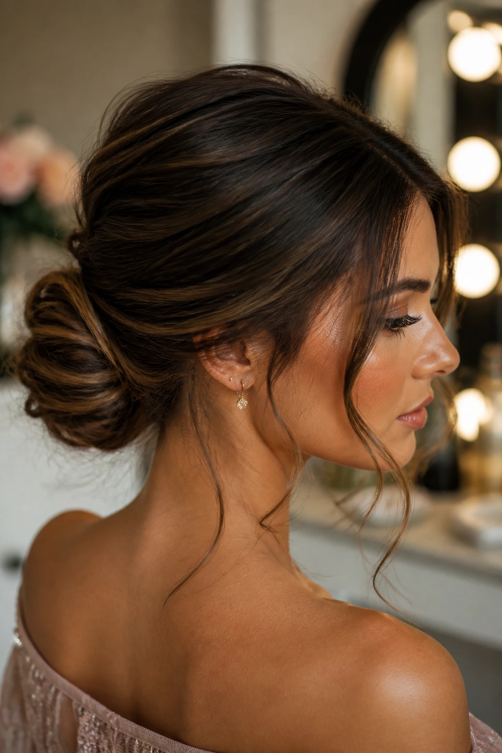 Portrait of a woman with a low textured chignon and face-framing strands