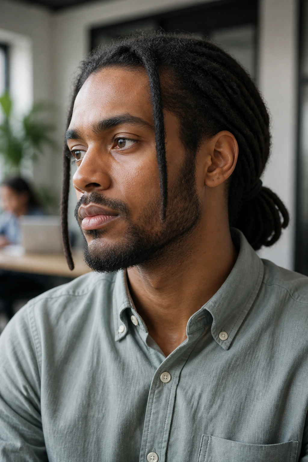 Portrait of a man with locs tied low at the back in an office setting