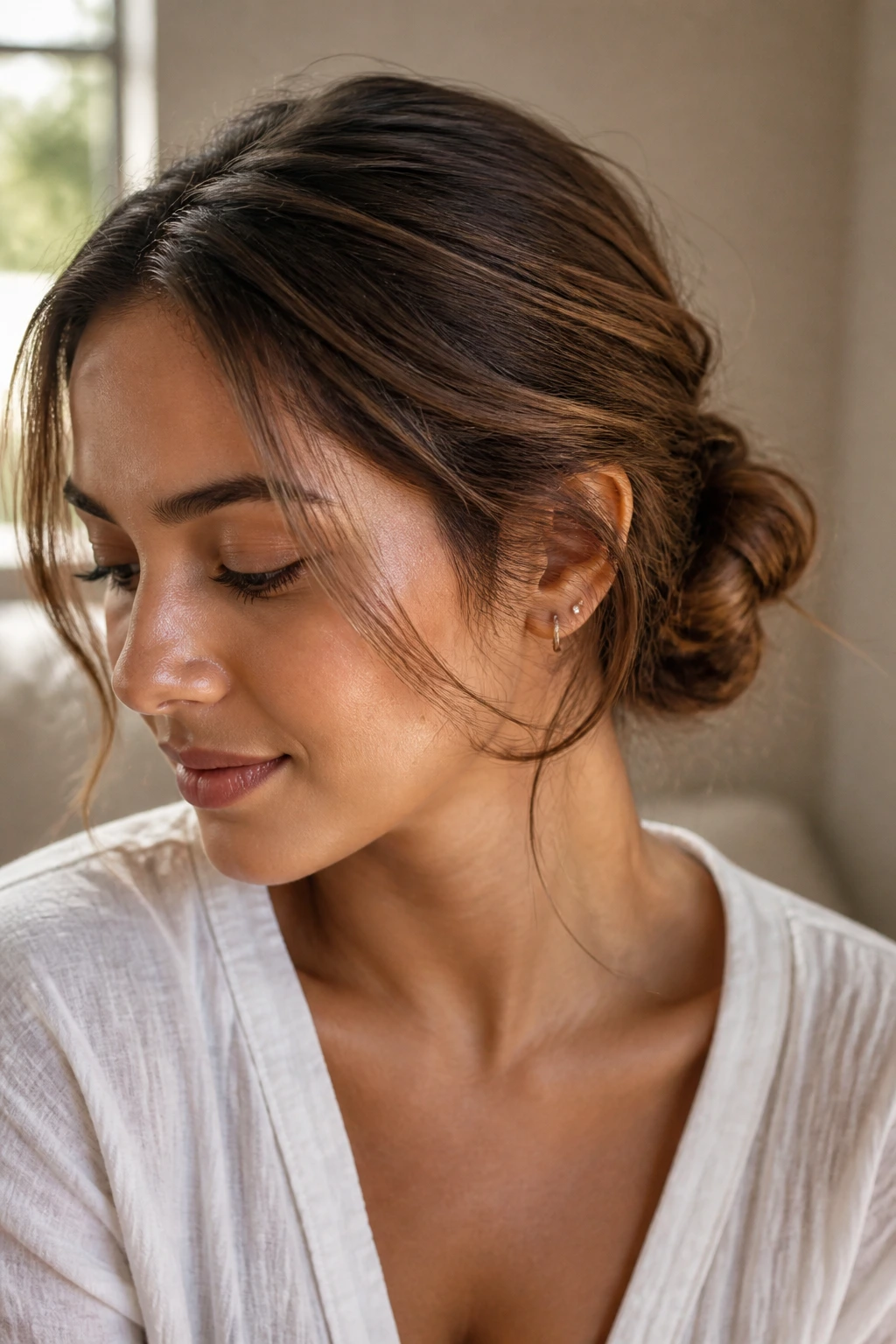 Close-up of a woman with a low top knot and soft pieces.