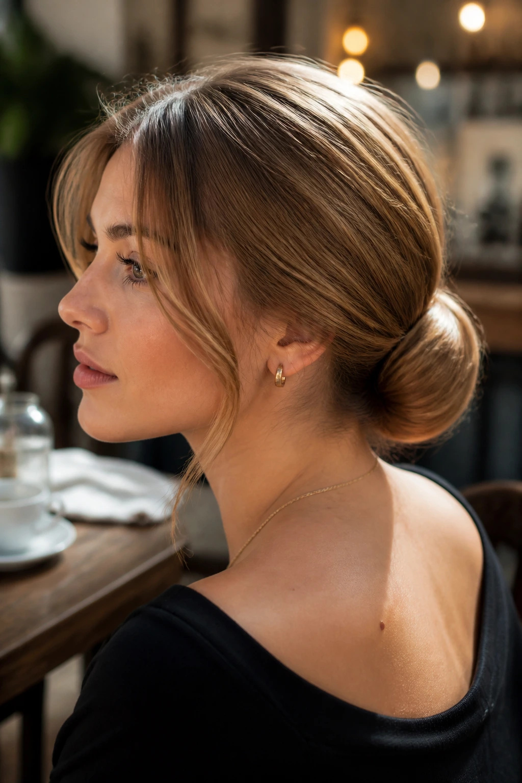 Close-up of a real woman with a low bun at the nape