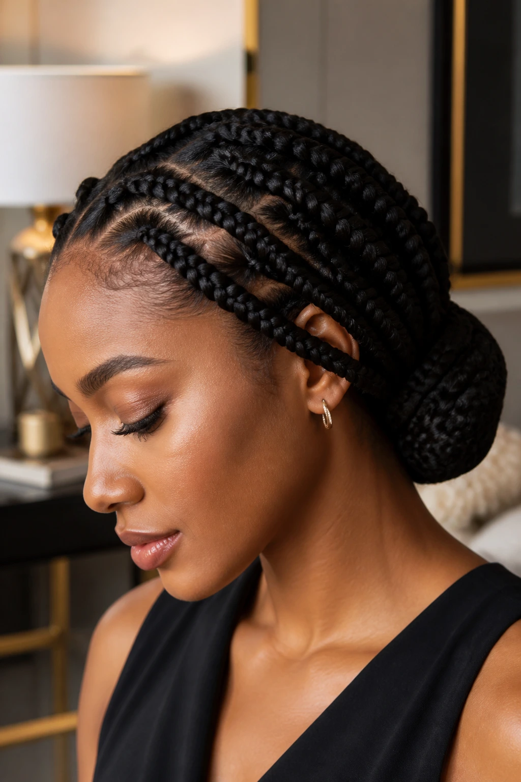 Real woman with low-tucked chignon jumbo box braids in a formal interior