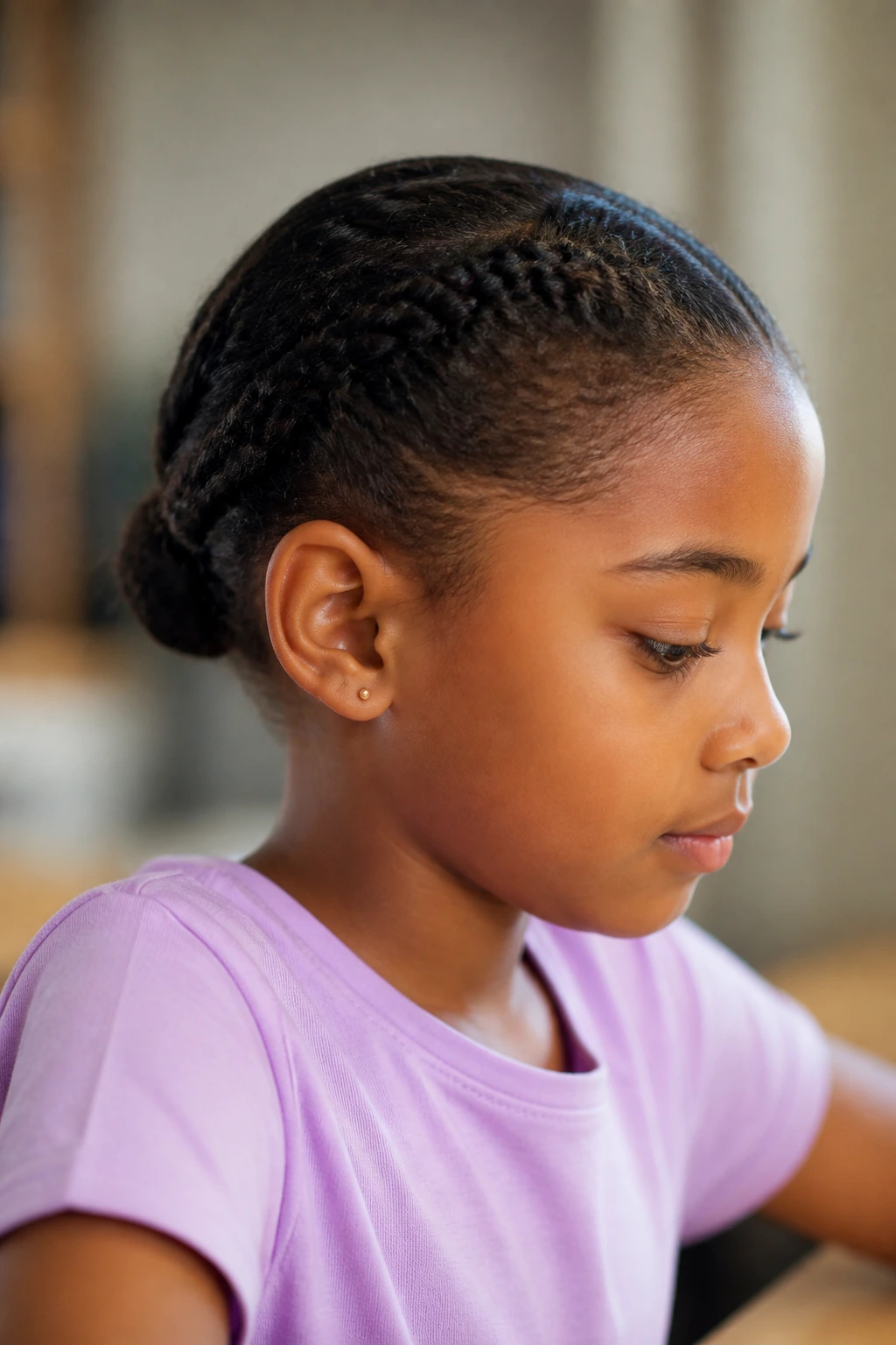 Child with tucked away low twists behind ears