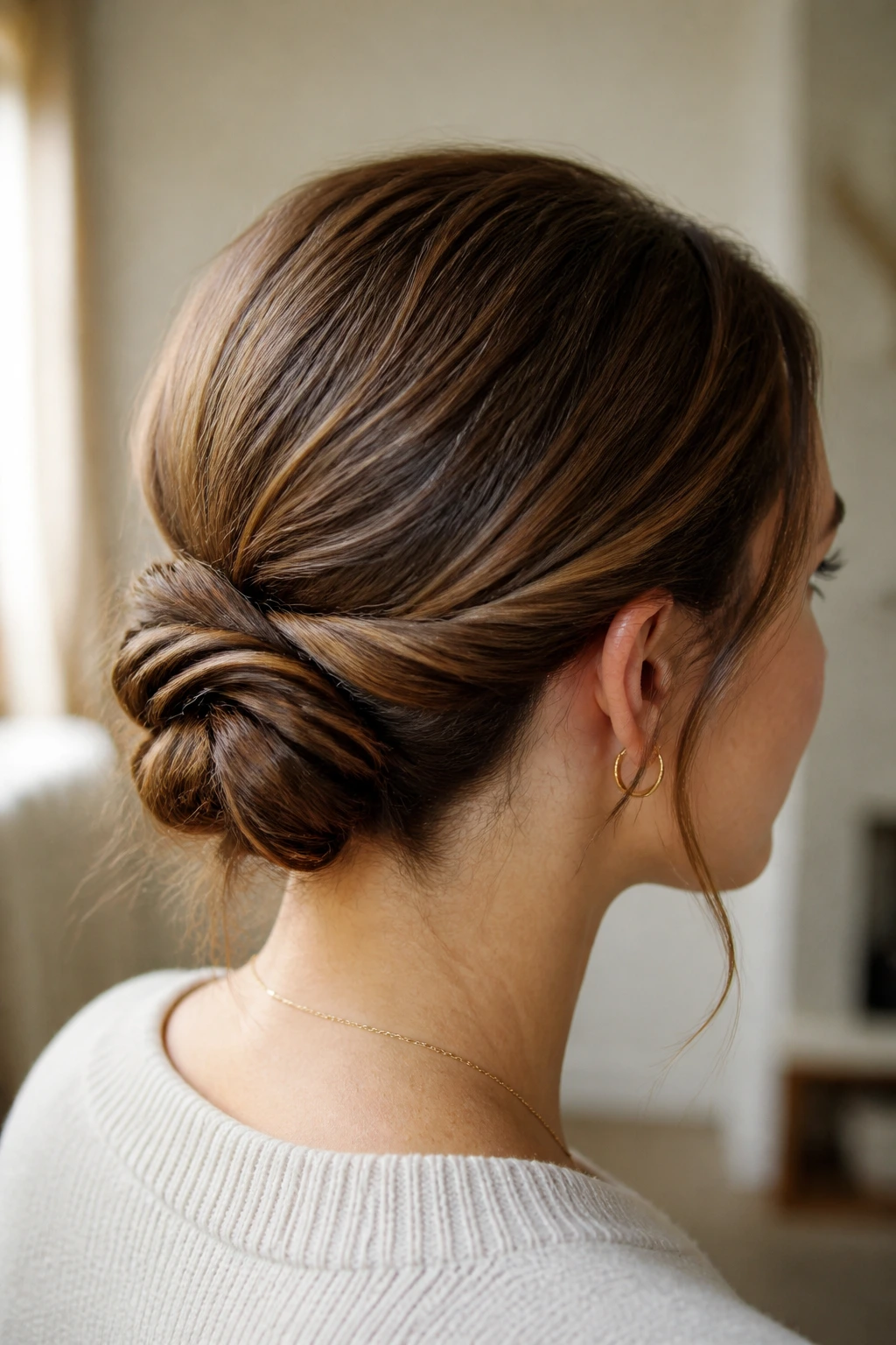 Portrait of a real person showing a low twist bun at the nape