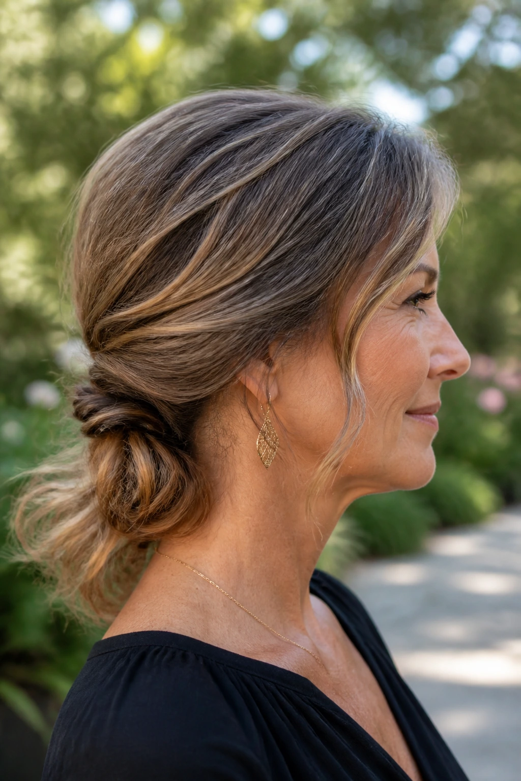 Real woman with a low twist at the nape and loose ends in a natural setting