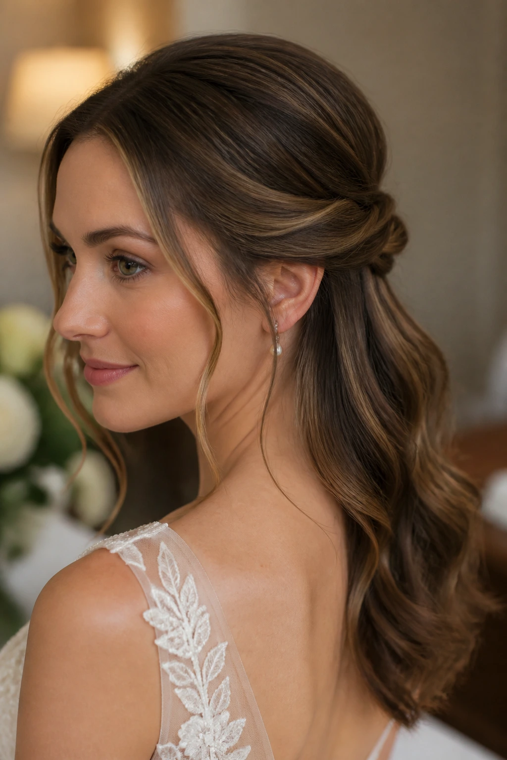 Bride with low twist half up and face-framing pieces