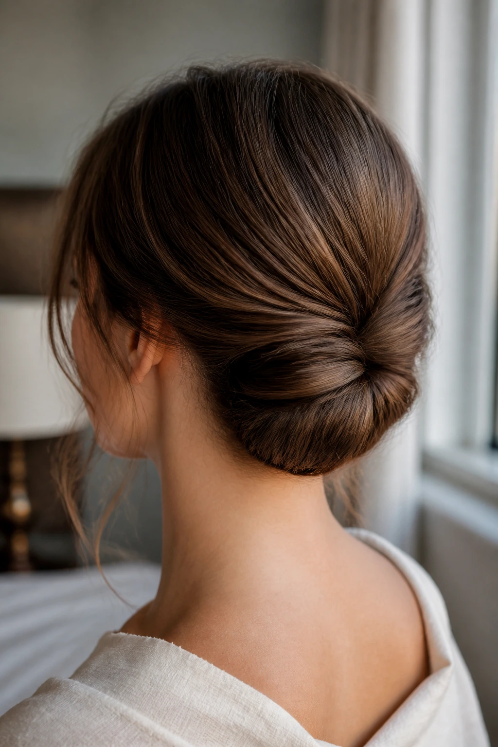 Close-up of a real woman with a low twist roll hairstyle at the nape