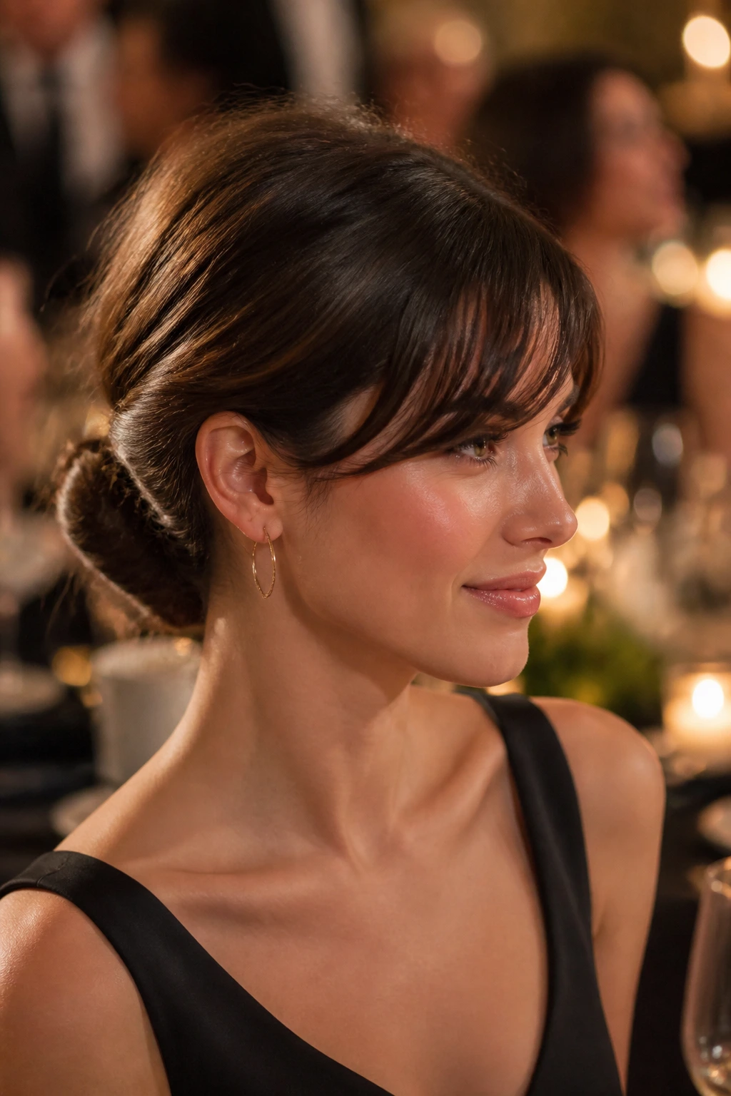 Portrait of a real woman with a low twist and side bangs in an evening setting.