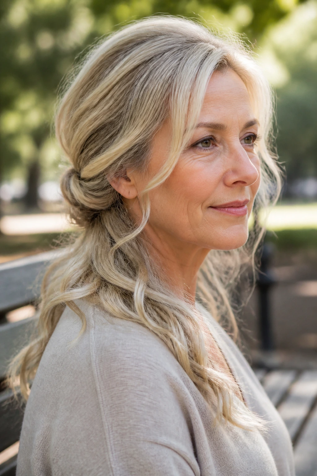 Close-up of a real woman with a low-nape twist and loose-ended waves